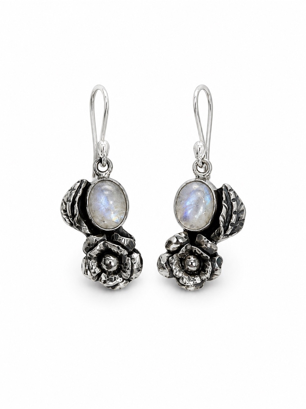 925 Sterling Silver Floral Moonstone Drop Earrings - Blue-Flash Moonstone